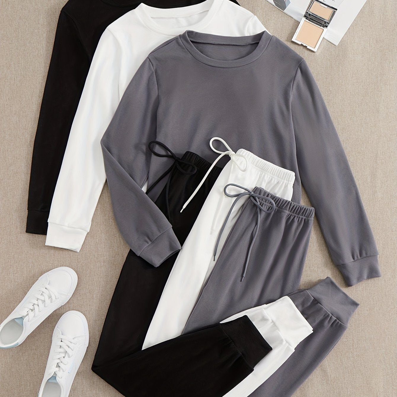 Women's casual velvet multi-color pullover long-sleeved pajamas tops & detailed waist rope decorative belt casual trousers home clothes three sets