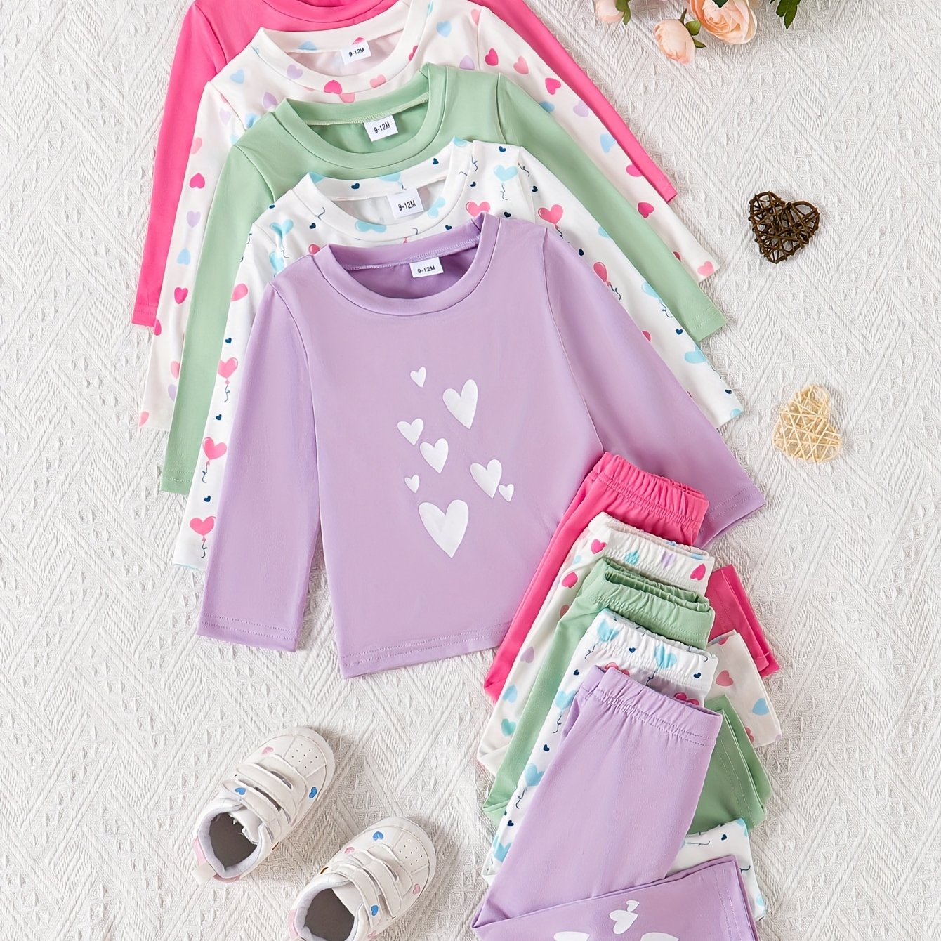 Baby Girls Casual Long Sleeve Pants Set With Heart Print