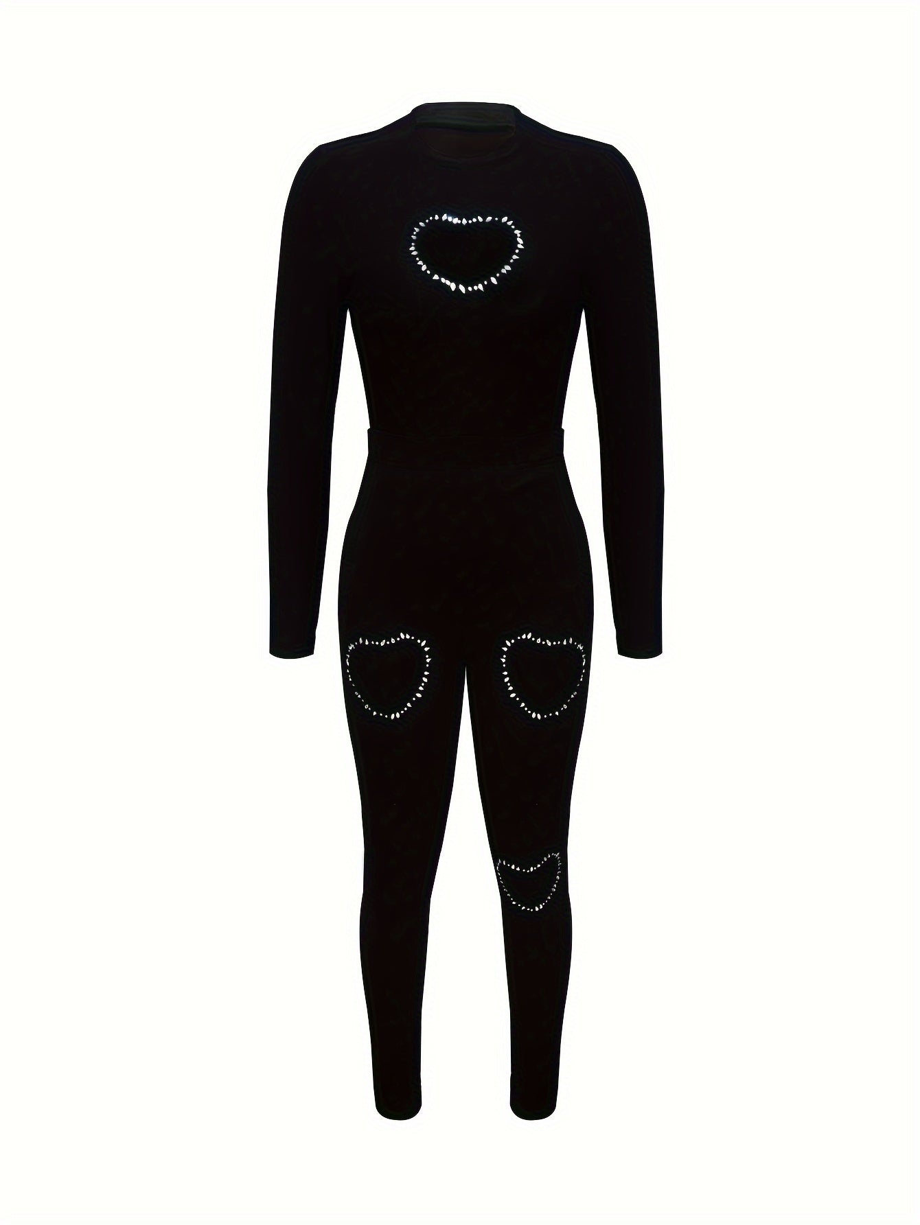 Heart Rhinestone Long Pants Set Polyester Elastane Top And Bottom