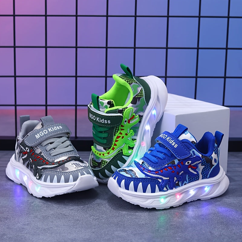 MGO Kidss new dinosaur sports shoes in spring and autumn, with LED lights, artificial  surface boy shoes, bright sports shoes, boy dinosaur shoes, spring and autumn cartoon boy sports shoes, flashing lights suitable for 1-6 y