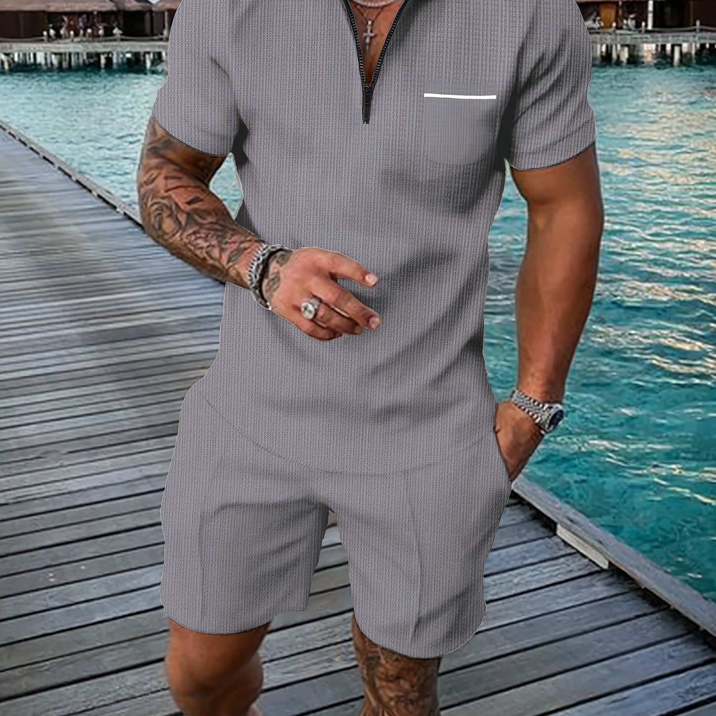 Men's Summer Casual Polo Shirt And Shorts Set With Pocket