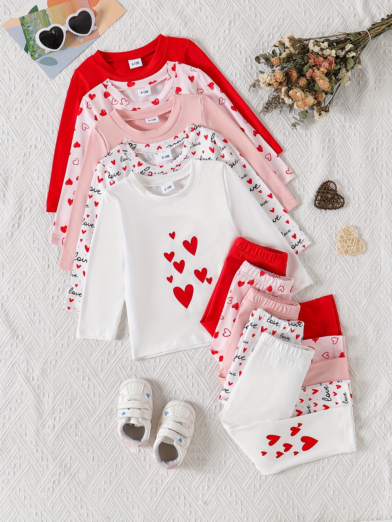 Baby Girls Casual Long Sleeve Pants Set With Heart Print
