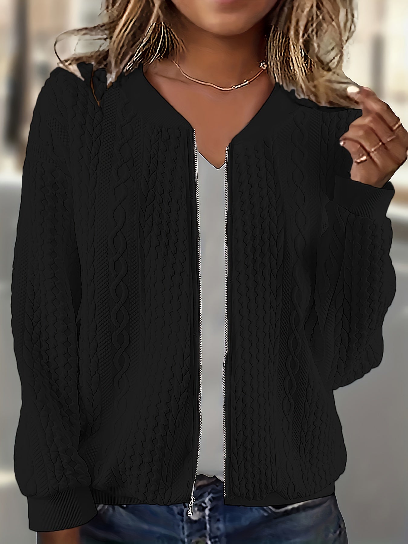 Textured Zip Up Bomber Jacket Casual Outerwear For Women