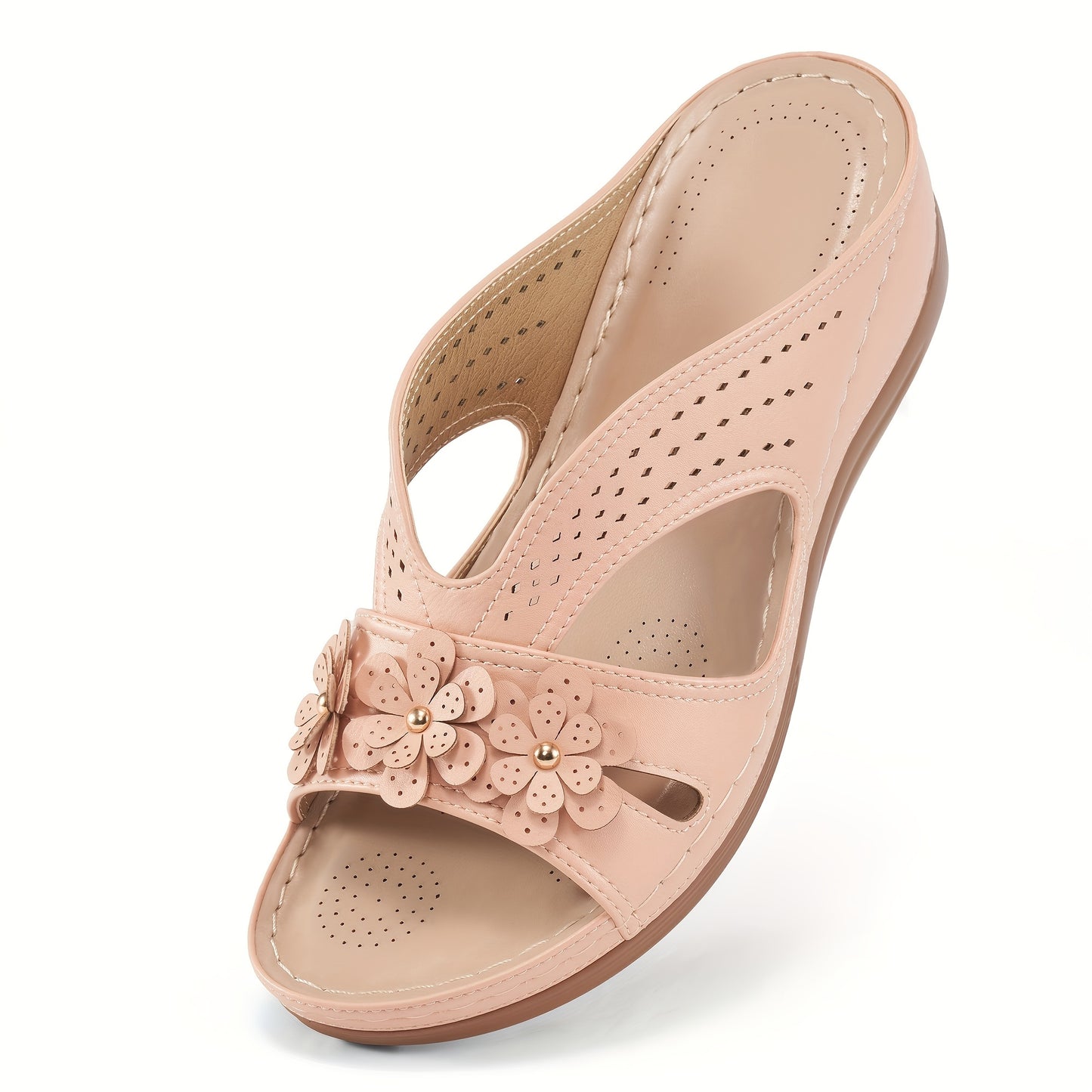 ECETANA Womens Wedge Sandals Floral Cutout Slip On Comfort