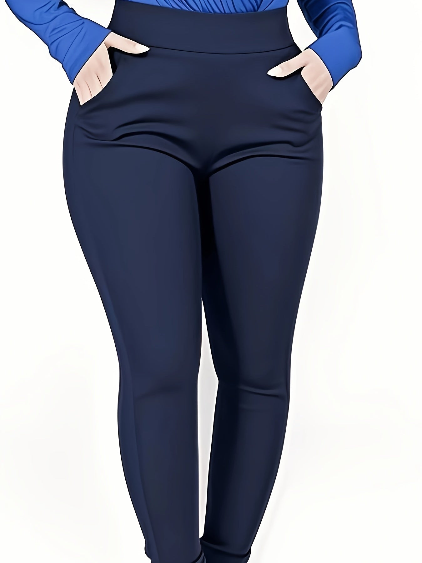 Plus Size - Women'S Plus Size High-Waist Stretchy Skinny Jeans with Pockets - Dark Blue Casual Tight Pants, Comfortable & Stylish for Casual Attire, High Waisted Jeans, Comfortable Clothing, Minimalist Design, Smooth Texture