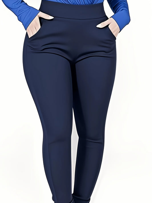 Plus Size - Women'S Plus Size High-Waist Stretchy Skinny Jeans with Pockets - Dark Blue Casual Tight Pants, Comfortable & Stylish for Casual Attire, High Waisted Jeans, Comfortable Clothing, Minimalist Design, Smooth Texture