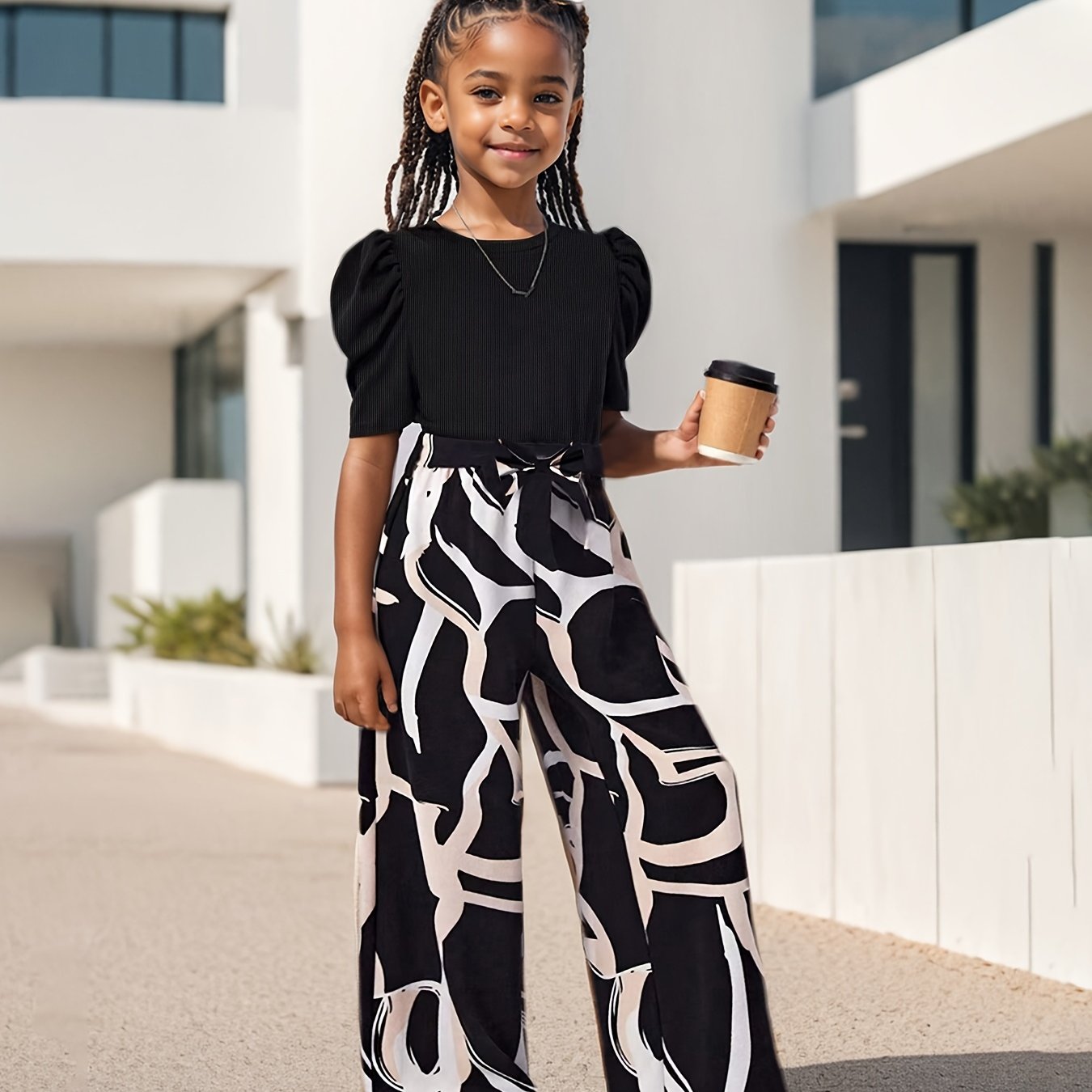 Floral Print Bubble Sleeve Top And Wide Leg Kids Set