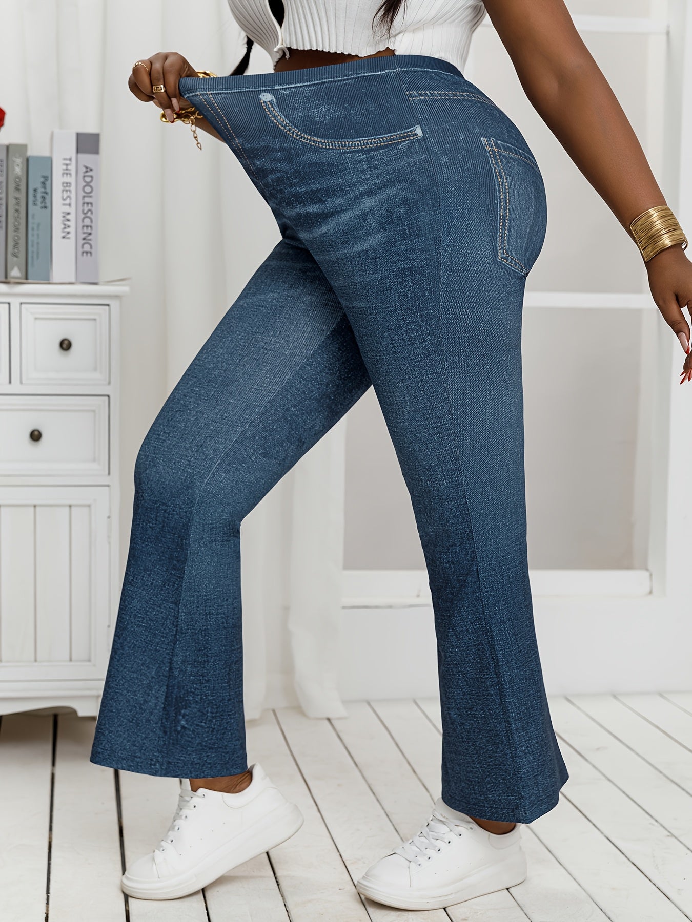 Plus Size, [Denim Print/Imitation Denim] Women's Plus Size High-Waisted Light Wash Blue Distressed All-Over Print Wide-Leg Tapered Bell-Bottom Jeans - Stretchy Comfortable Loose-Fit Trousers with Faux Pockets, Machine Washabl