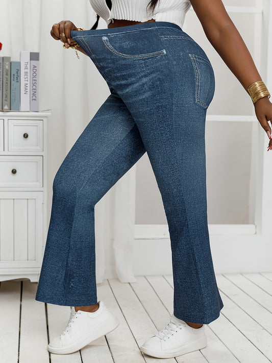Plus Size, [Denim Print/Imitation Denim] Women's Plus Size High-Waisted Light Wash Blue Distressed All-Over Print Wide-Leg Tapered Bell-Bottom Jeans - Stretchy Comfortable Loose-Fit Trousers with Faux Pockets, Machine Washabl