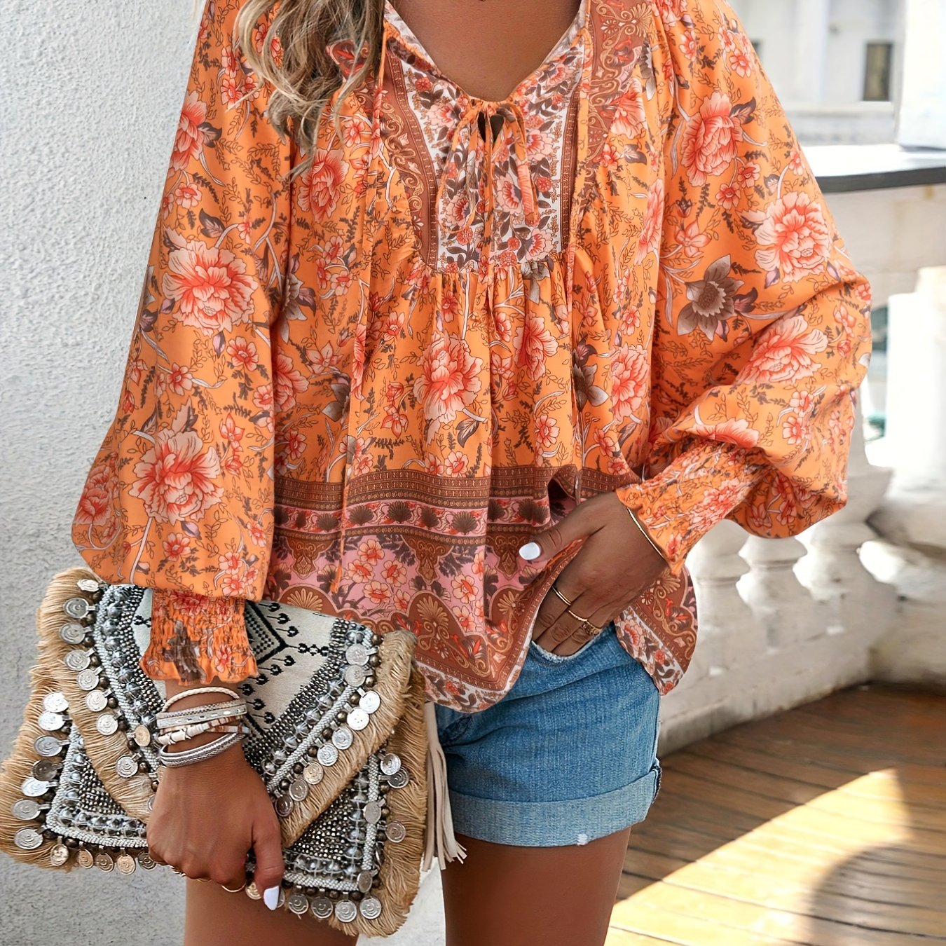 Floral Print V Neck Blouse With Drawstring Long Sleeve