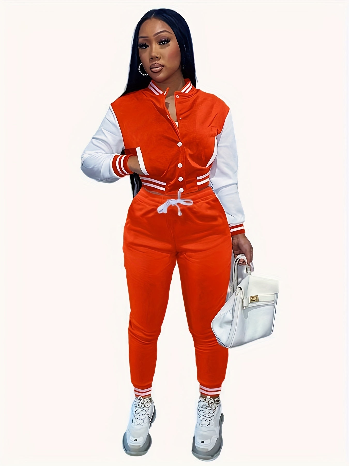 [Casual Baseball Jacket Set] Women's Casual Two-Piece Set - Solid Color Baseball Jacket & Pants, Long Sleeve, Regular Fit, Single-Breasted Buttons | Casual Style