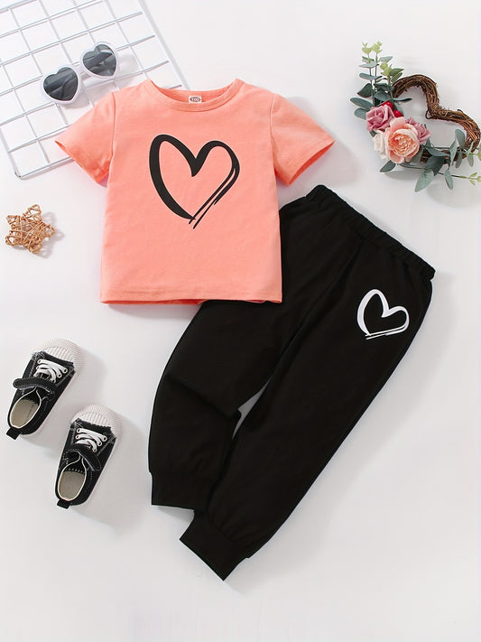 JOPGEEY Girls Heart Print 2pc T Shirt And Sweatpants Set