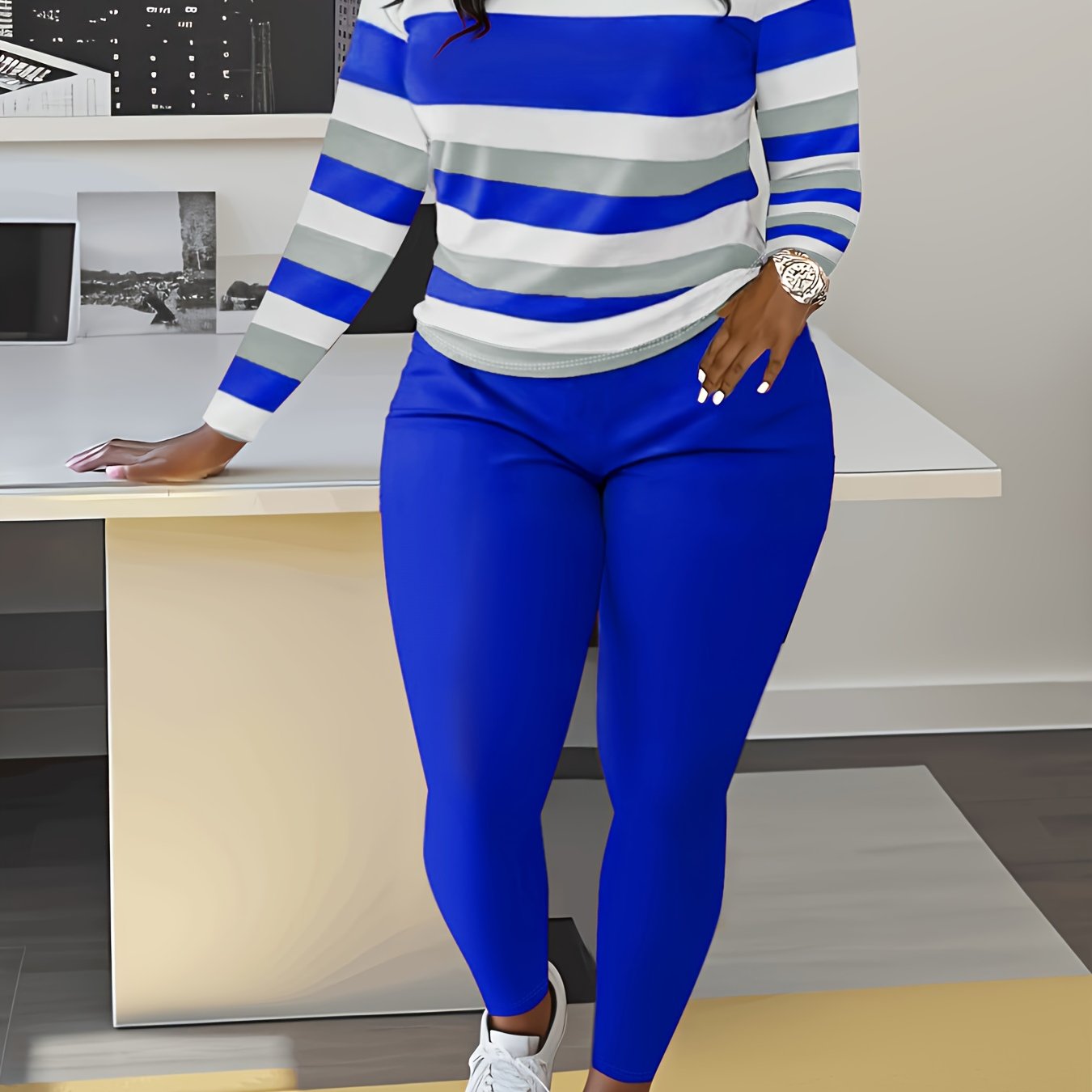 Two-piece Slim Matching Set: Long Sleeve Crew Neck Striped Color Block T-shirt & Solid Elastic Waist Pants Outfits for Women