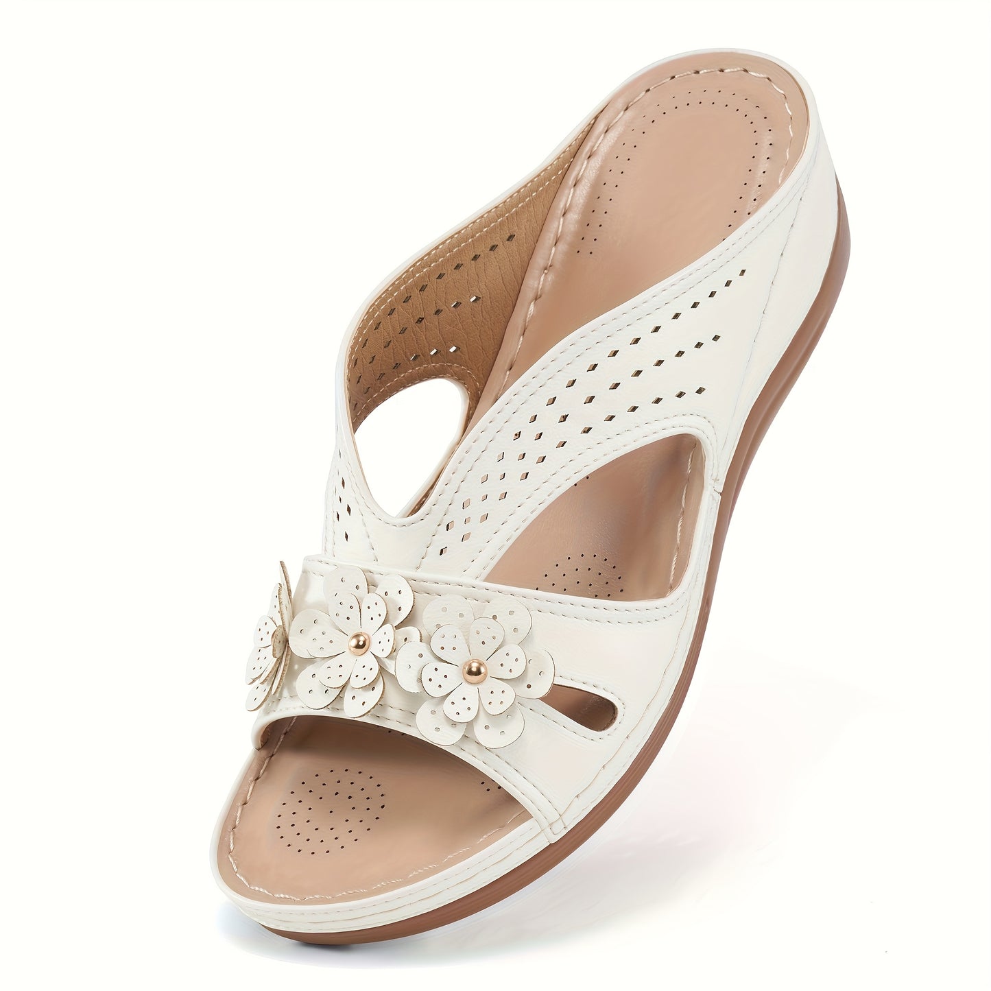 ECETANA Womens Wedge Sandals Floral Cutout Slip On Comfort