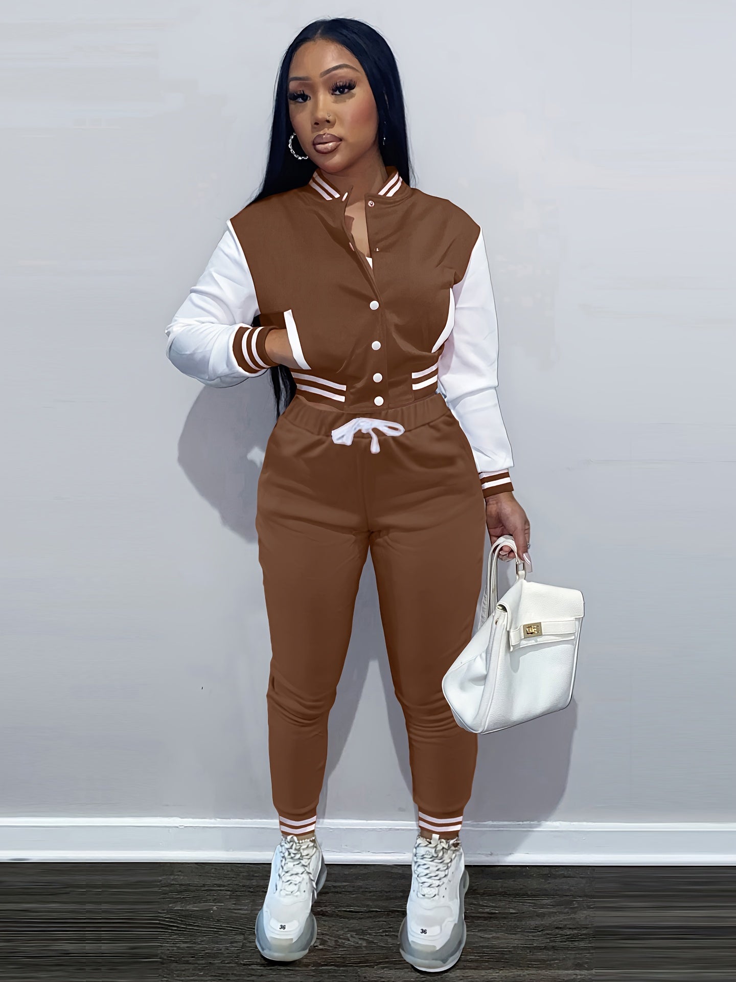 [Casual Baseball Jacket Set] Women's Casual Two-Piece Set - Solid Color Baseball Jacket & Pants, Long Sleeve, Regular Fit, Single-Breasted Buttons | Casual Style