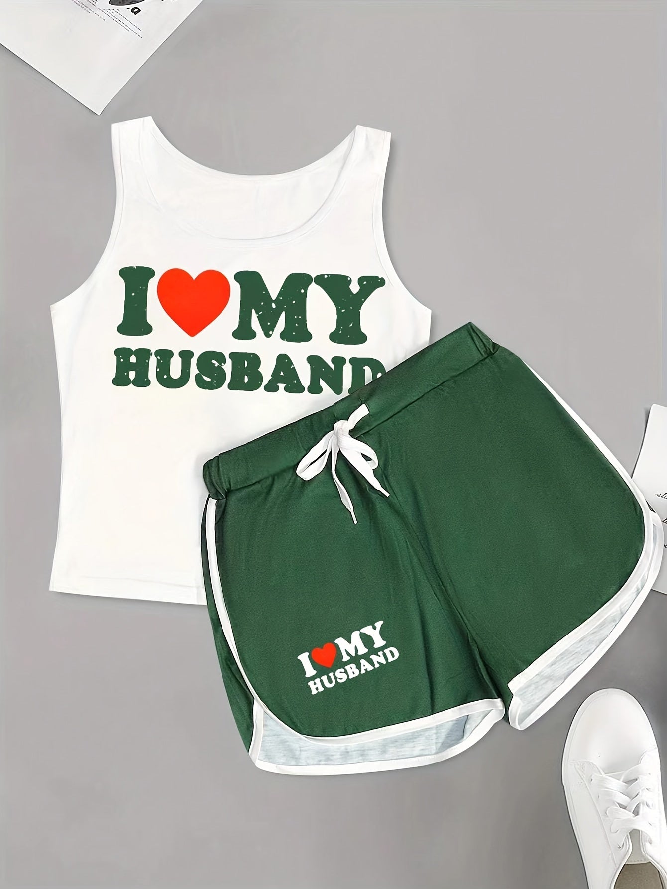 Heart Print Two-Piece Set With Contrast Trim Casual Womens Outfit