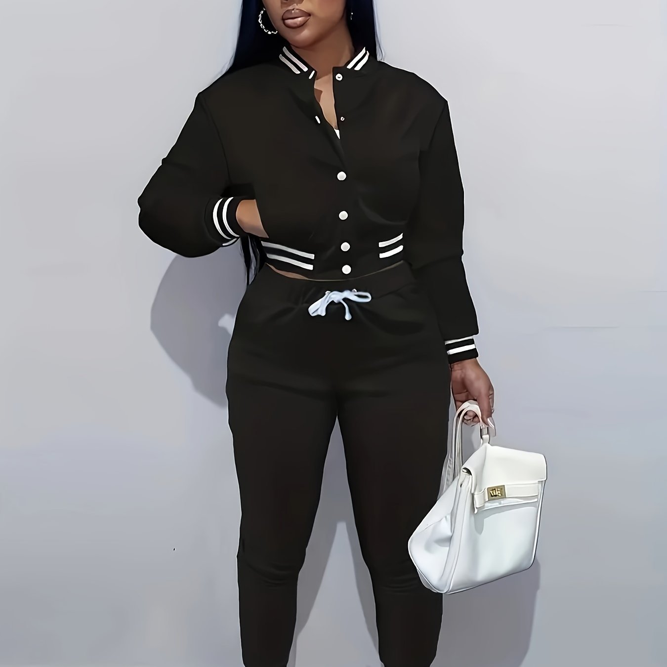 [Casual Baseball Jacket Set] Women's Casual Two-Piece Set - Solid Color Baseball Jacket & Pants, Long Sleeve, Regular Fit, Single-Breasted Buttons | Casual Style