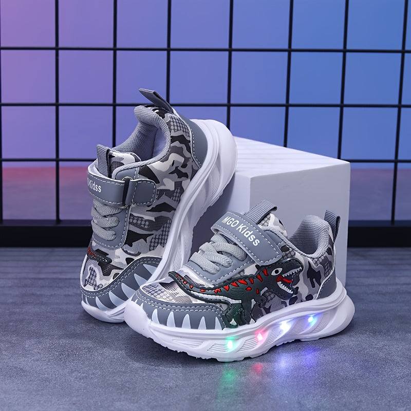 MGO Kidss new dinosaur sports shoes in spring and autumn, with LED lights, artificial  surface boy shoes, bright sports shoes, boy dinosaur shoes, spring and autumn cartoon boy sports shoes, flashing lights suitable for 1-6 y
