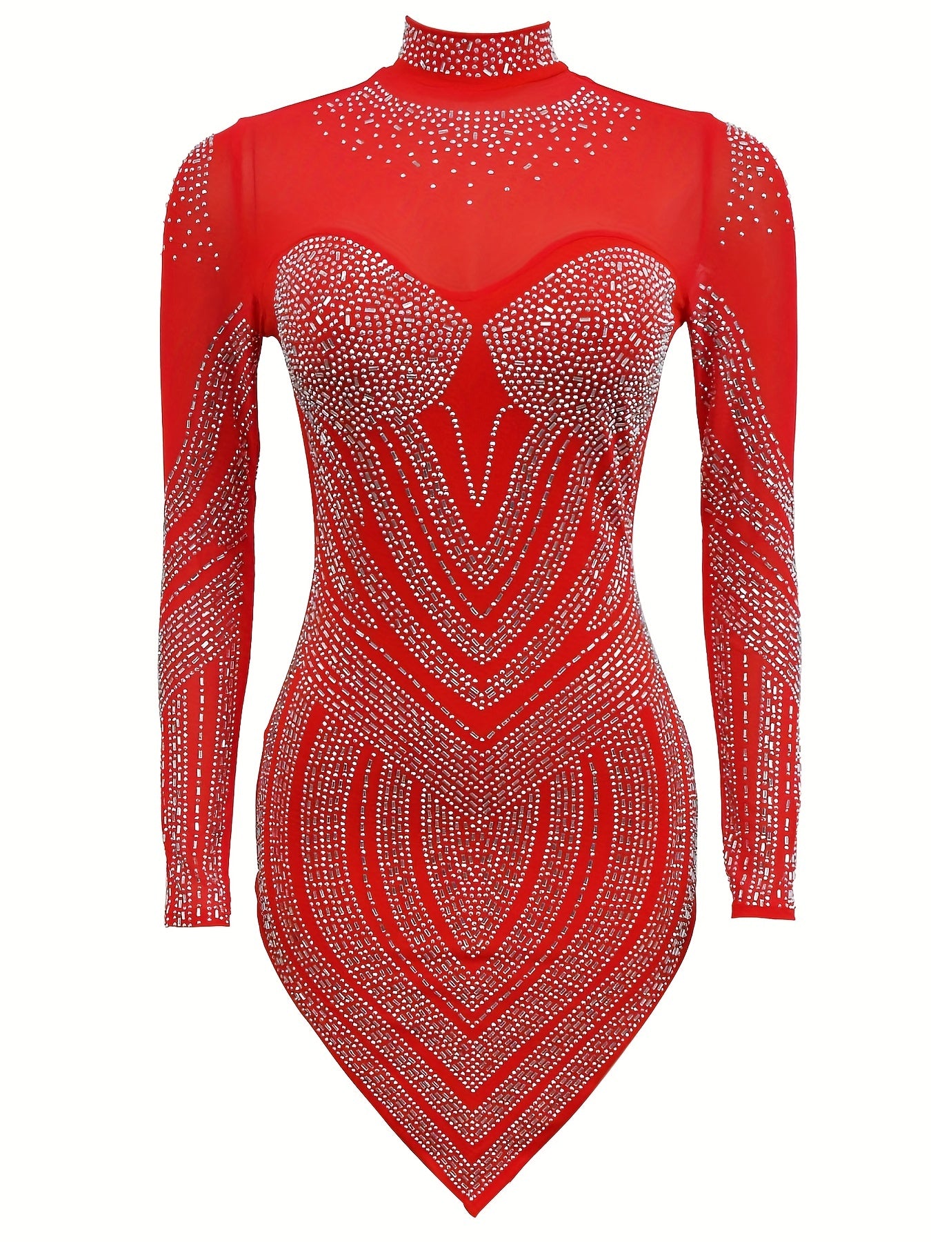 Rhinestone Semi-Sheer Dress High Neck Long Sleeve Bodycon Party Dress For Women