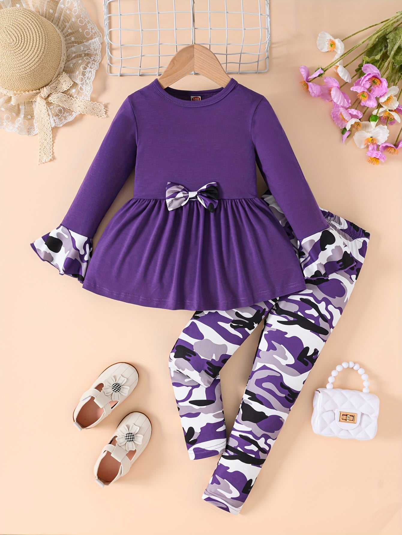 Girls Camouflage Bow Tie Flared Dress and Print Pants Set