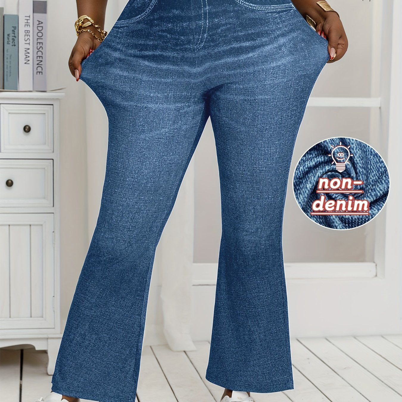 Plus Size, [Denim Print/Imitation Denim] Women's Plus Size High-Waisted Light Wash Blue Distressed All-Over Print Wide-Leg Tapered Bell-Bottom Jeans - Stretchy Comfortable Loose-Fit Trousers with Faux Pockets, Machine Washabl