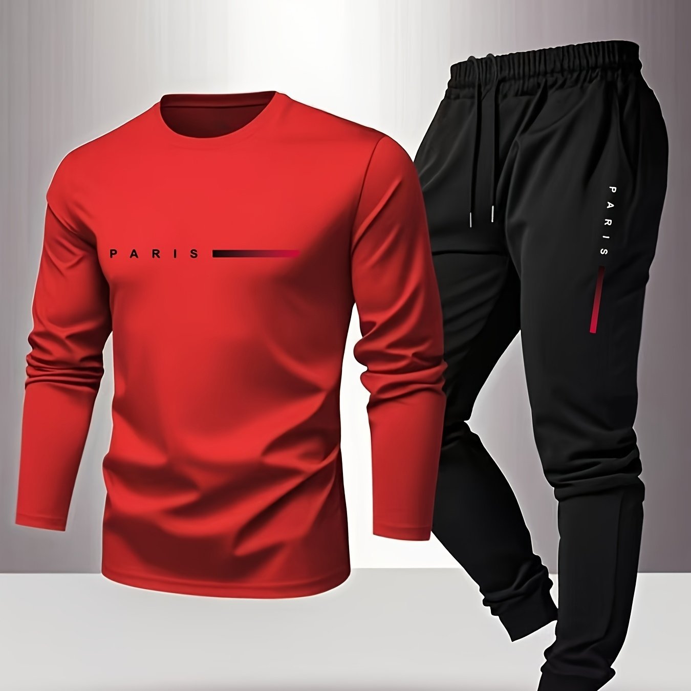 Men'S Casual Athletic Set - Red Long Sleeve T-Shirt with "PARIS" Logo & Black Joggers, Comfortable Polyester Blend, Perfect for Home or Gym, Gym Apparel|Casual Style|Polyester Blend