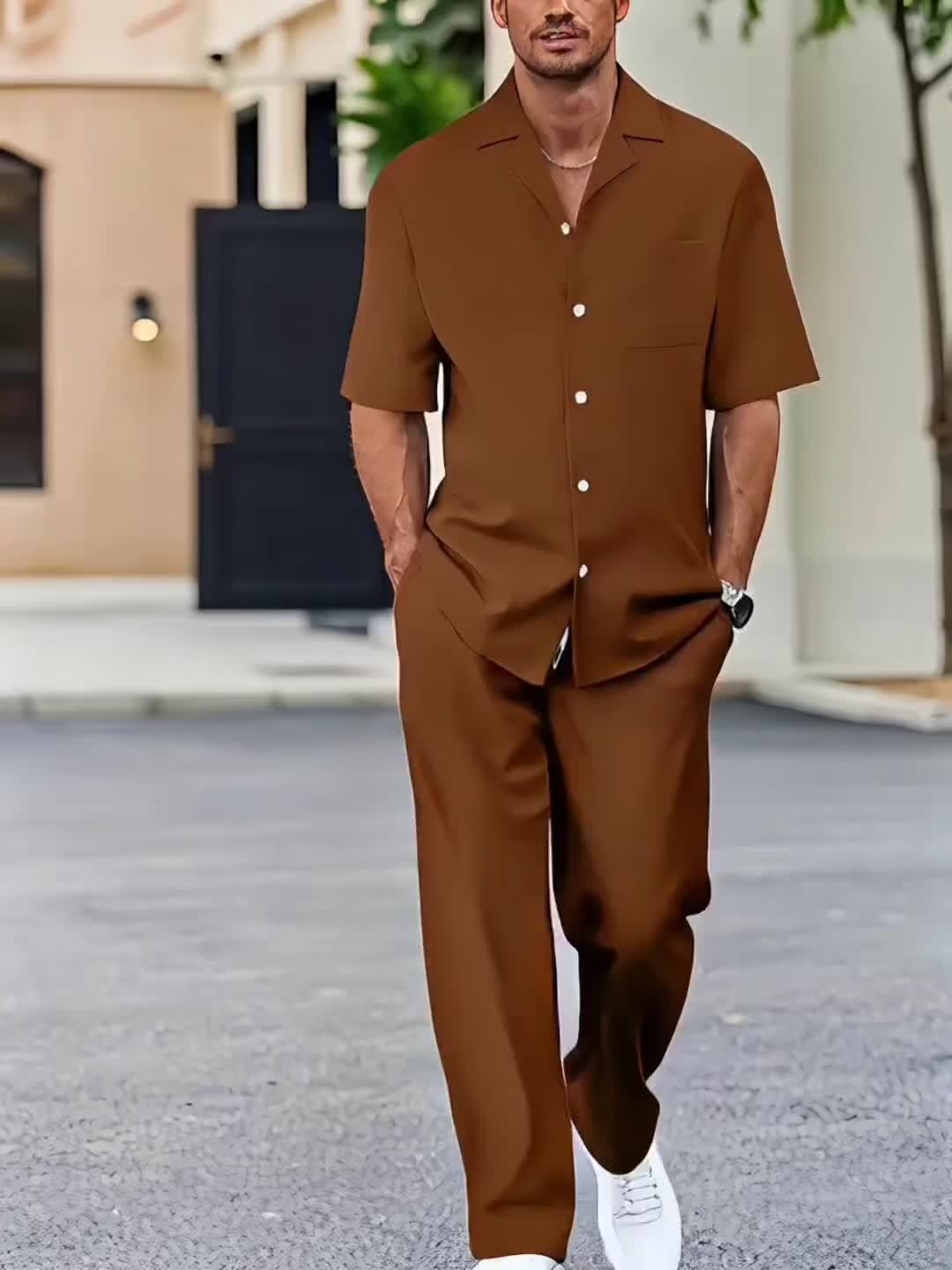 Machine Washable Polyester Men's Casual Suit-Inspired Short Sleeve Shirt & Loose Straight Pants Set