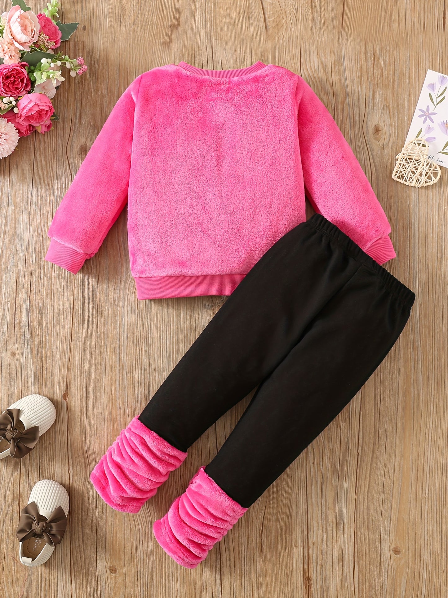 RAOSWETY Girls Two Piece Autumn Winter Fuzzy Top And Bottom Set