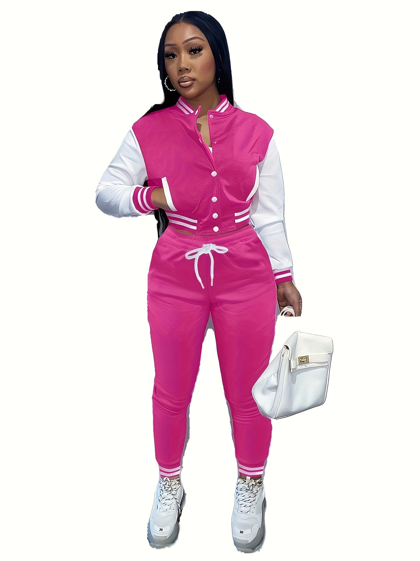 [Casual Baseball Jacket Set] Women's Casual Two-Piece Set - Solid Color Baseball Jacket & Pants, Long Sleeve, Regular Fit, Single-Breasted Buttons | Casual Style