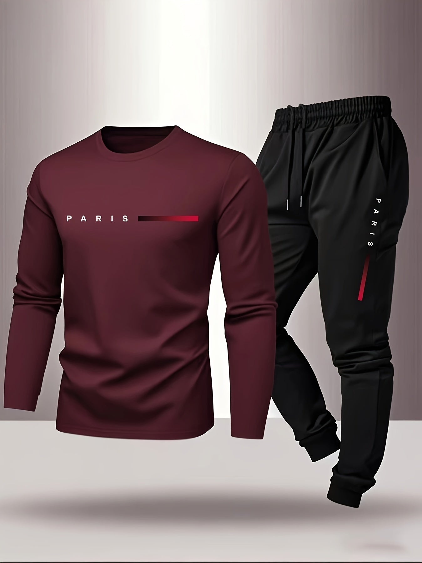 Men'S Casual Athletic Set - Red Long Sleeve T-Shirt with "PARIS" Logo & Black Joggers, Comfortable Polyester Blend, Perfect for Home or Gym, Gym Apparel|Casual Style|Polyester Blend