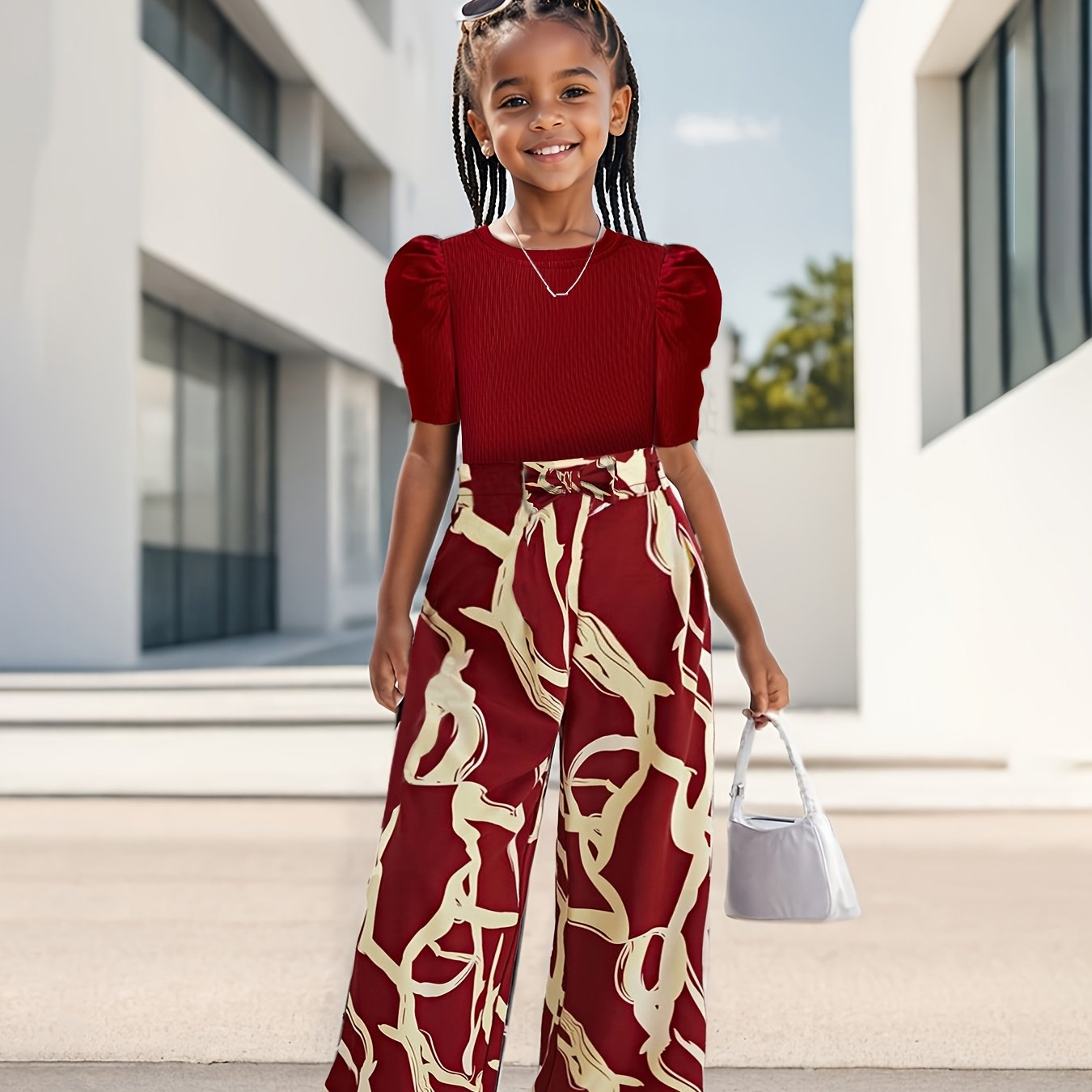 Floral Print Bubble Sleeve Top And Wide Leg Kids Set