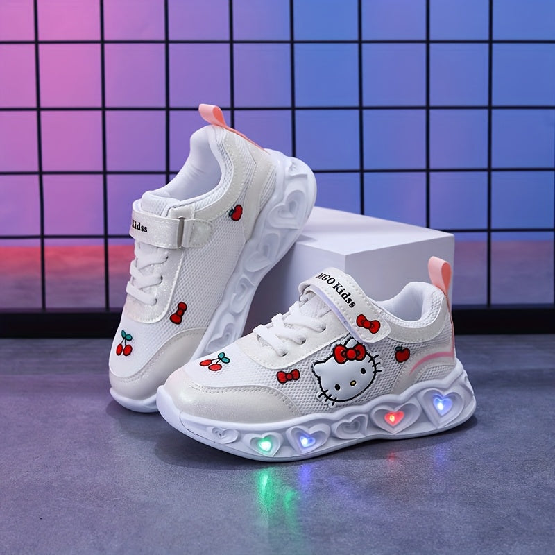 Girls' Glow-in-the-Dark Princess Sneakers with Lights - Pink & White Cartoon Design, Closure, Breathable Mesh Upper, Soft EVA Insole, Durable PVC Sole for Youngsters 1-6 Years, Spring Summer Casual Running Shoes, Shoes for Gi