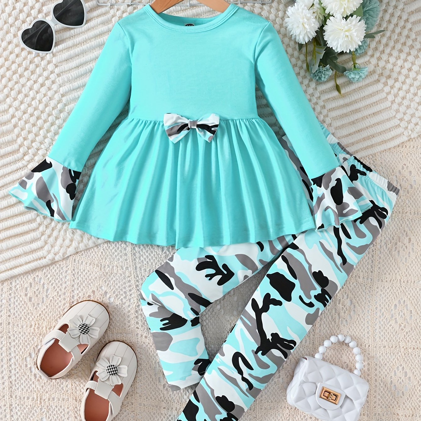 Girls Camouflage Bow Tie Flared Dress and Print Pants Set