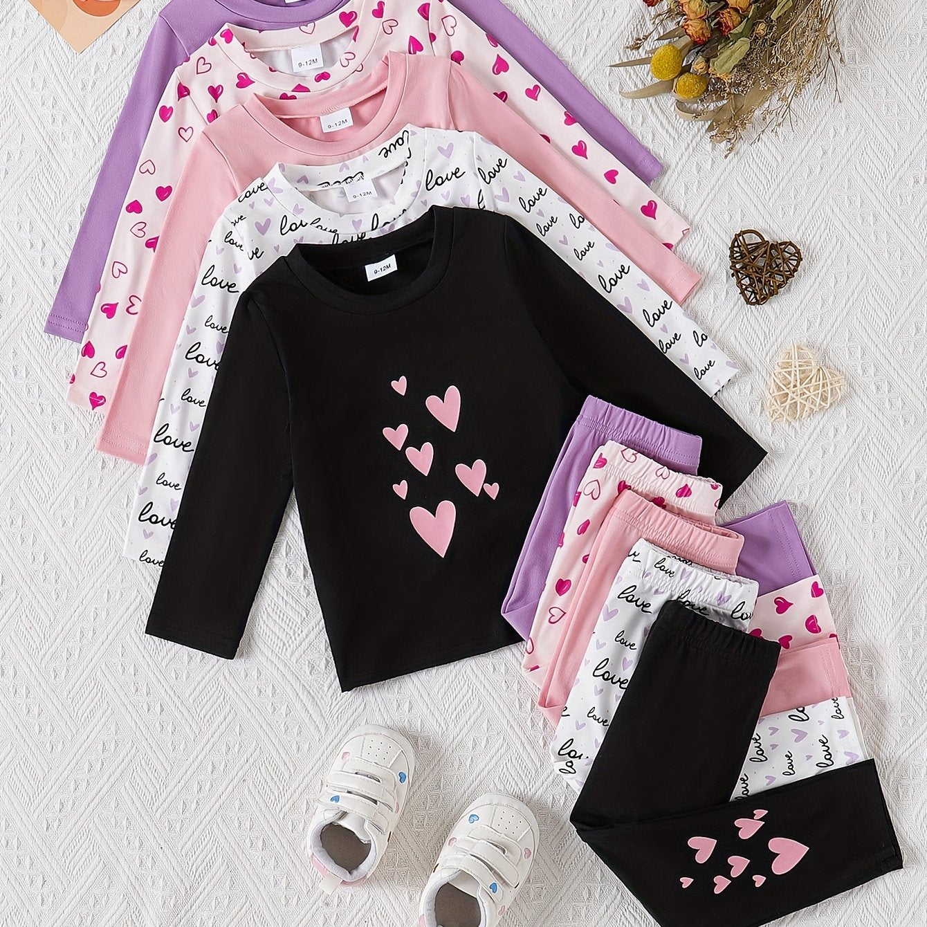 Baby Girls Casual Long Sleeve Pants Set With Heart Print