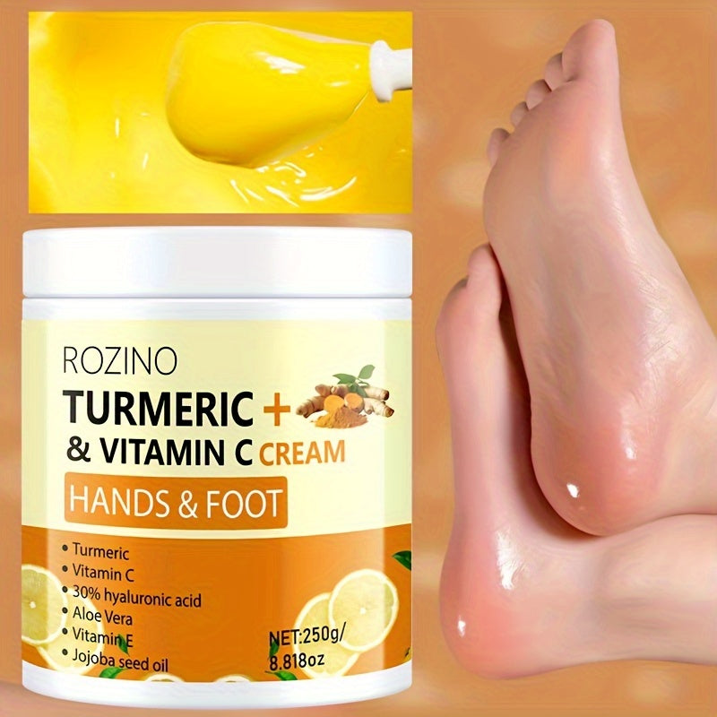 ROZINO Turmeric & Vitamin C Hand & Foot Cream, 10-in-1 Instant Hydration, Deep Moisturizing, Non-Greasy, Long-Lasting Moisture for All Light Beige Types, Unisex, Ideal for Dry Feet & Hands, Foot Moisturizer, Sleek Jar Design,