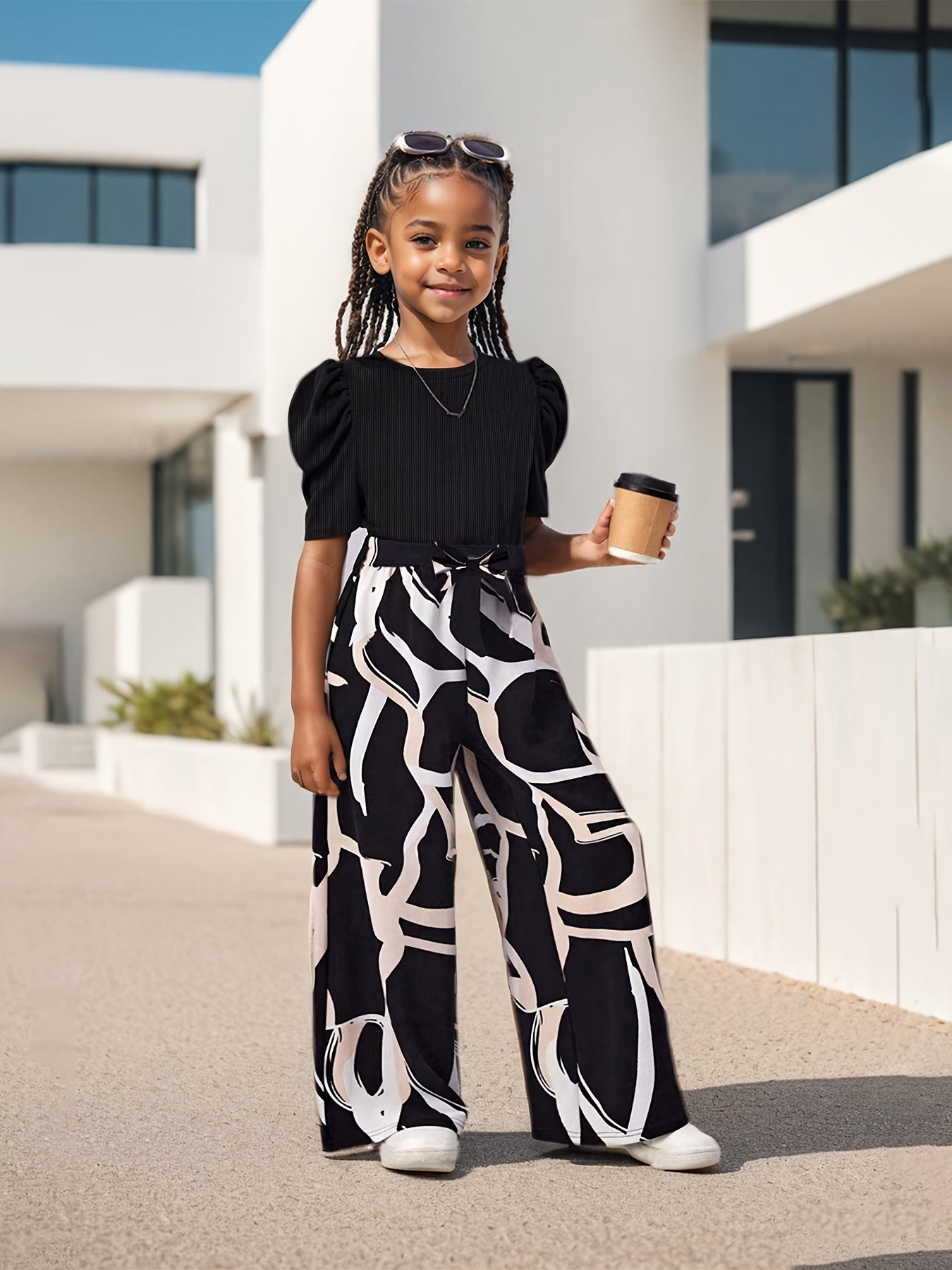 Floral Print Bubble Sleeve Top And Wide Leg Kids Set