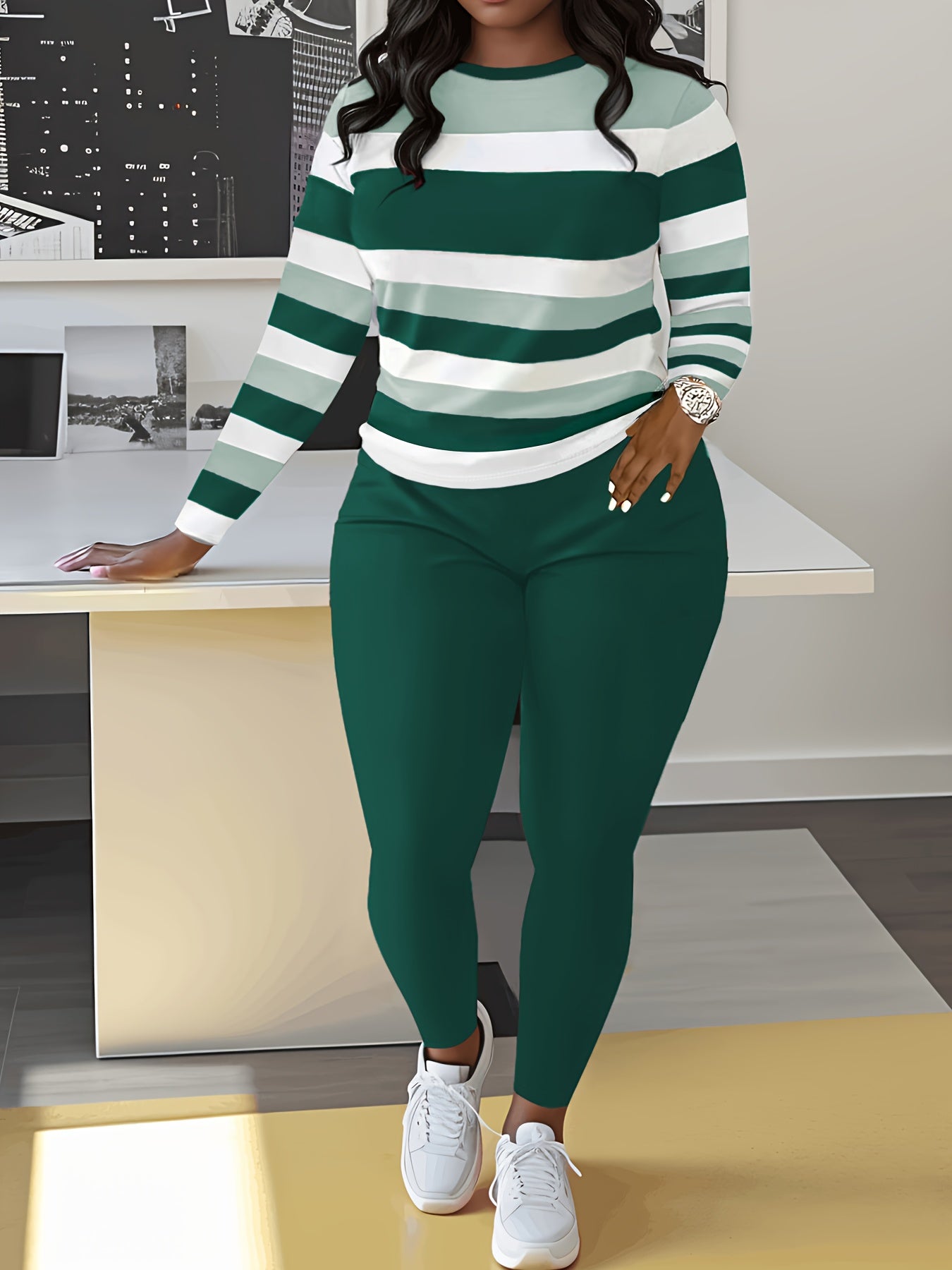 Two-piece Slim Matching Set: Long Sleeve Crew Neck Striped Color Block T-shirt & Solid Elastic Waist Pants Outfits for Women