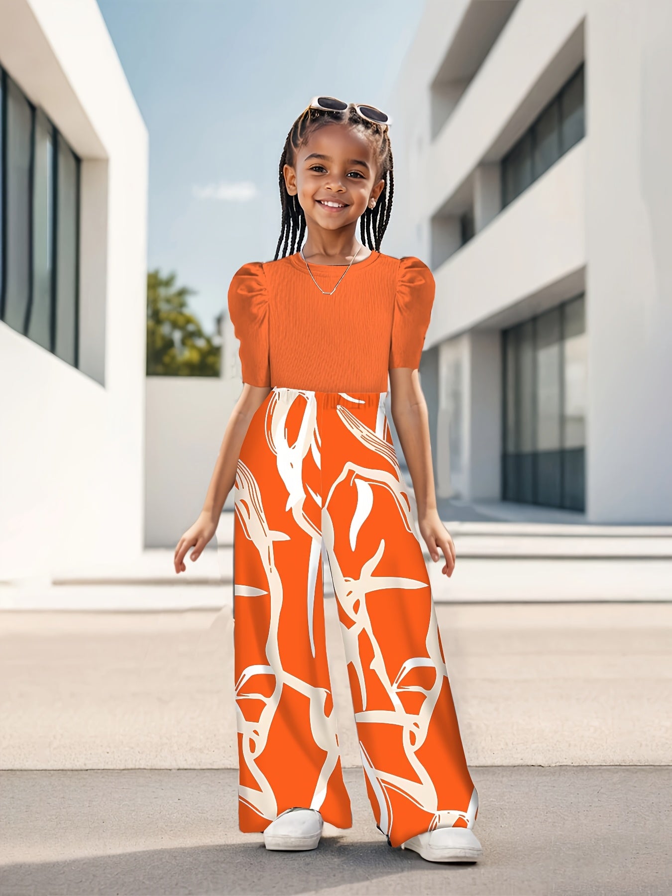 Floral Print Bubble Sleeve Top And Wide Leg Kids Set