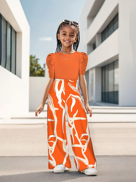 Floral Print Bubble Sleeve Top And Wide Leg Kids Set