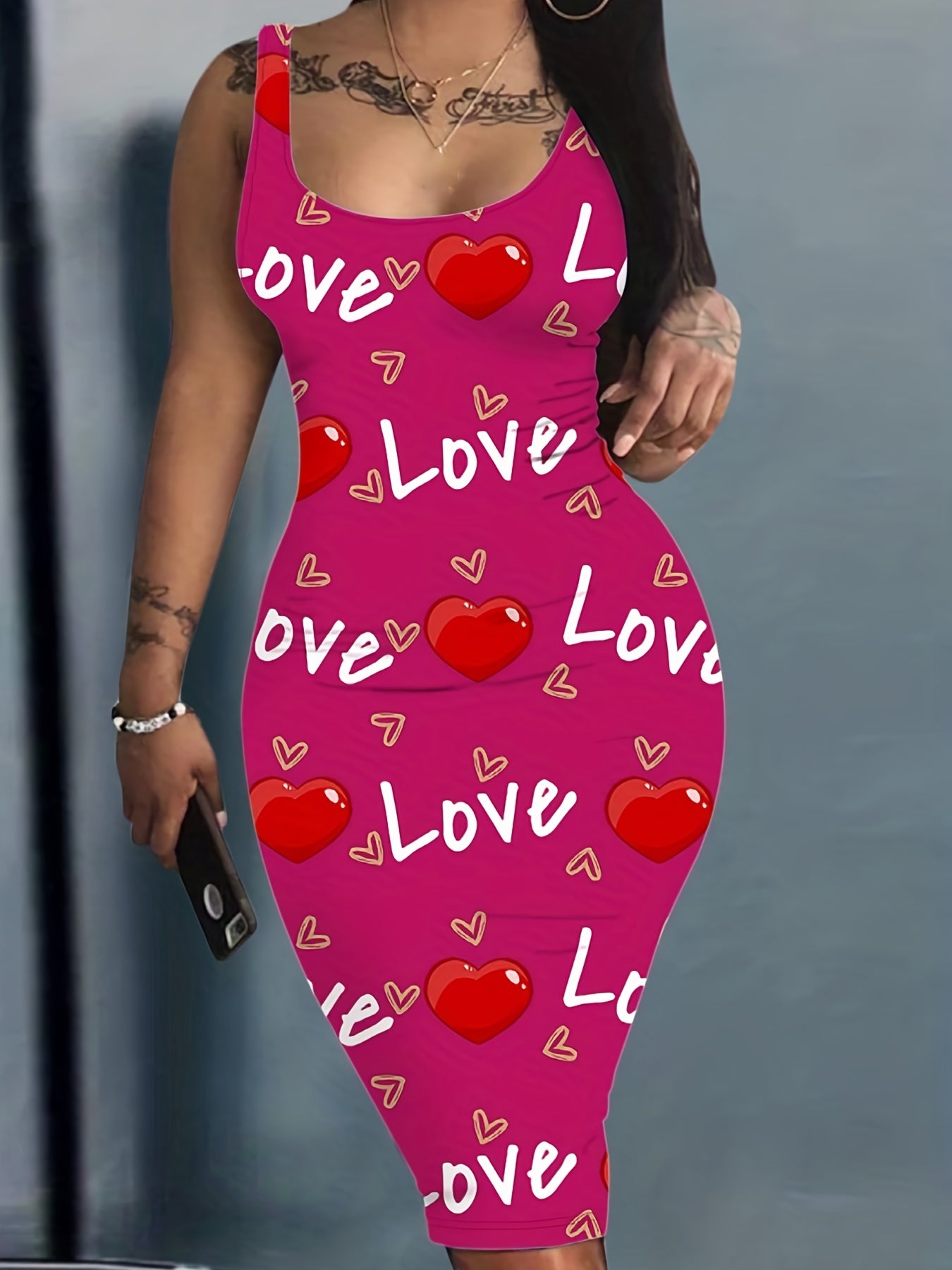 Heart And Letter Print Tank Dress Sleeveless U Neck Women
