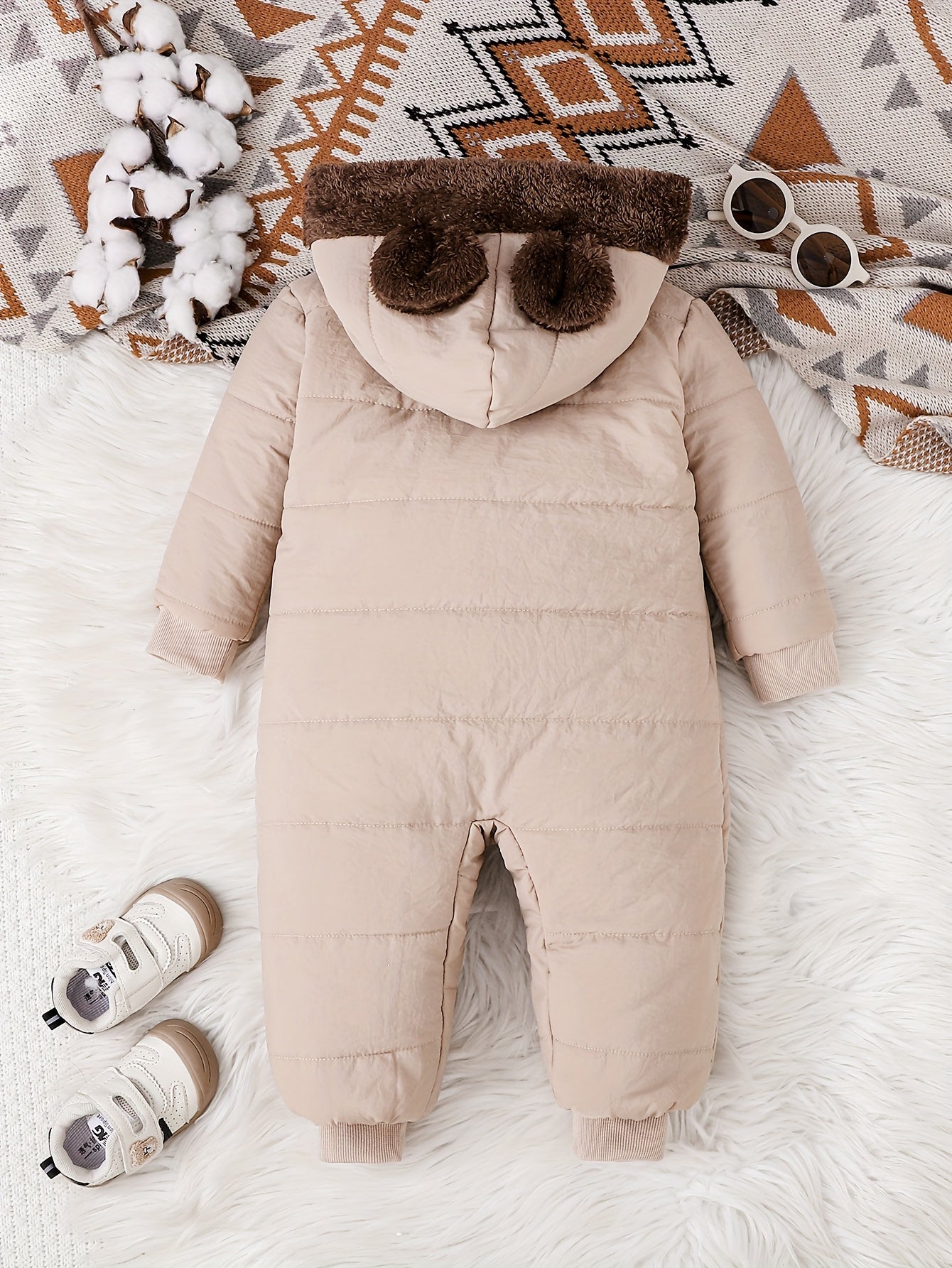 Baby Boy Winter Plush Hooded Jumpsuit for Outdoors