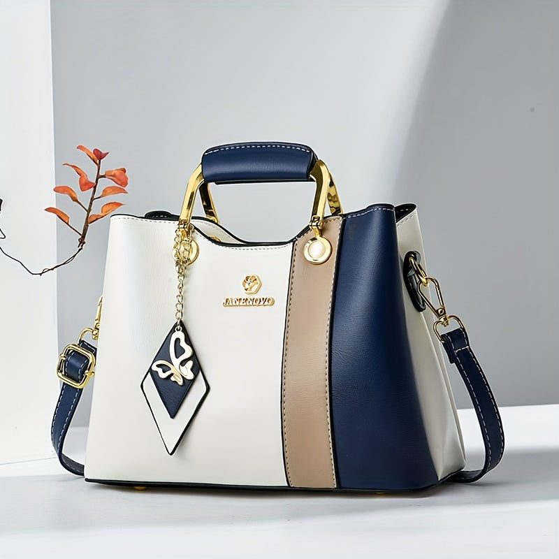 2024 New Women's Color-Block Tote Bag with Adjustable Crossbody/Shoulder Strap, Golden-Tone Hardware & Magnetic Closure - High Quality Casual Handbag for Commuting, Work, Travel - Navy/Beige/White Contrast Design, Crossbody P