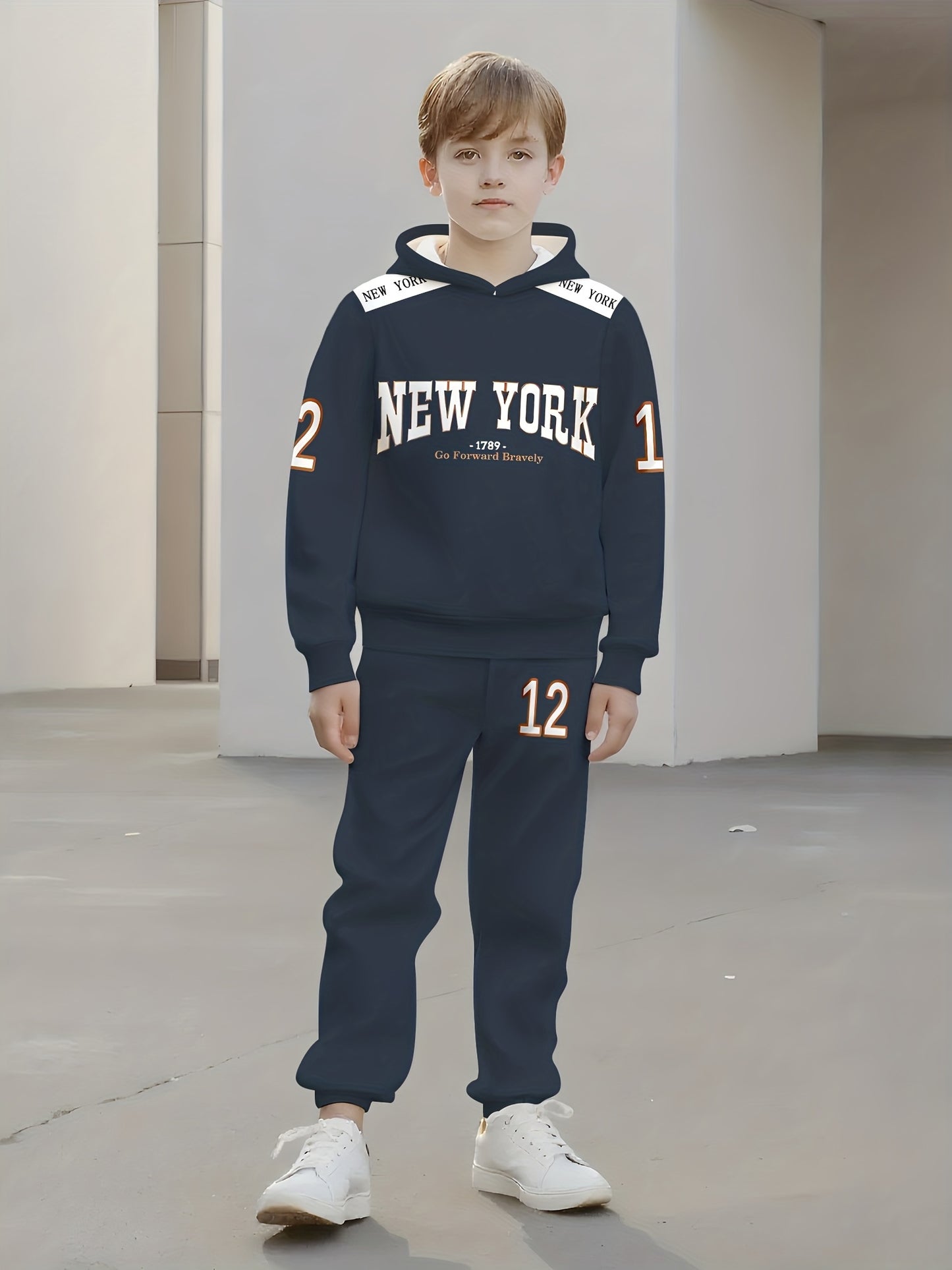 New York Element Print Boys Hoodie Set For Outdoor Activities