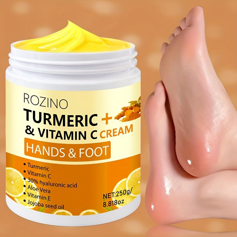 ROZINO Turmeric & Vitamin C Hand & Foot Cream, 10-in-1 Instant Hydration, Deep Moisturizing, Non-Greasy, Long-Lasting Moisture for All Light Beige Types, Unisex, Ideal for Dry Feet & Hands, Foot Moisturizer, Sleek Jar Design,