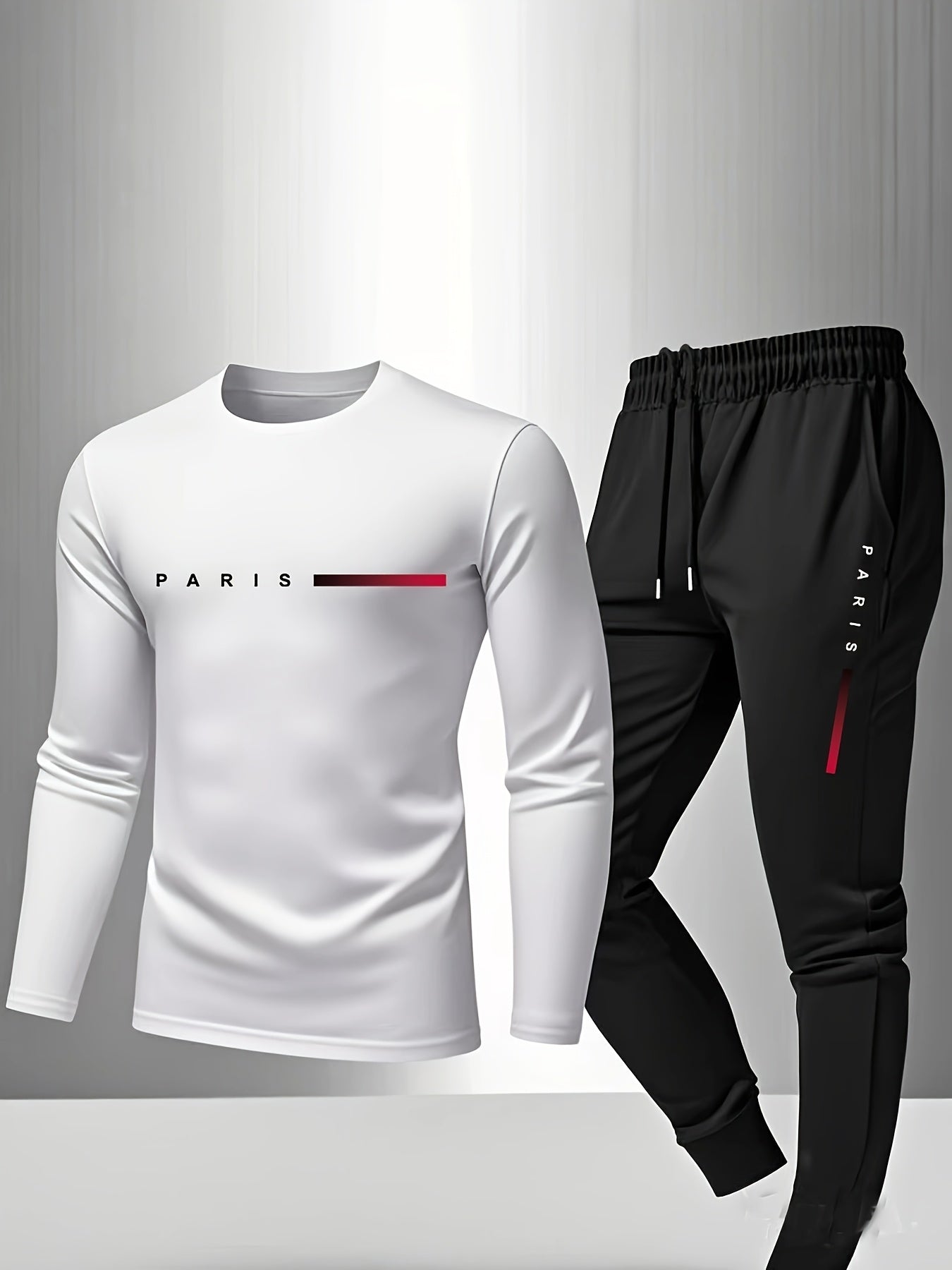 Men'S Casual Athletic Set - Red Long Sleeve T-Shirt with "PARIS" Logo & Black Joggers, Comfortable Polyester Blend, Perfect for Home or Gym, Gym Apparel|Casual Style|Polyester Blend