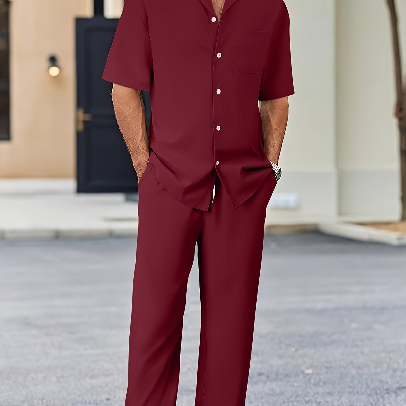 Machine Washable Polyester Men's Casual Suit-Inspired Short Sleeve Shirt & Loose Straight Pants Set