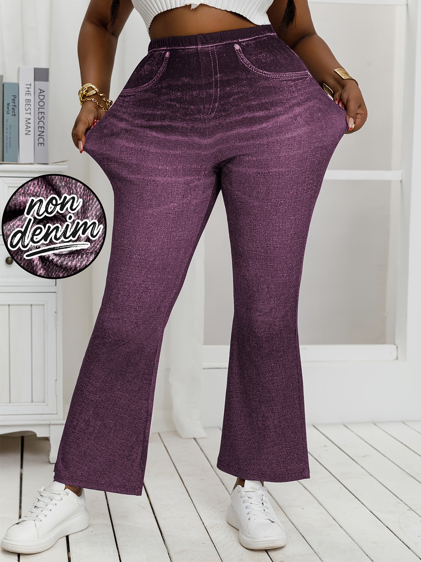 Plus Size, [Denim Print/Imitation Denim] Women's Plus Size High-Waisted Light Wash Blue Distressed All-Over Print Wide-Leg Tapered Bell-Bottom Jeans - Stretchy Comfortable Loose-Fit Trousers with Faux Pockets, Machine Washabl