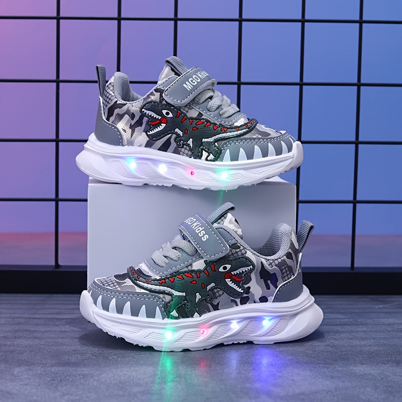 MGO Kidss new dinosaur sports shoes in spring and autumn, with LED lights, artificial  surface boy shoes, bright sports shoes, boy dinosaur shoes, spring and autumn cartoon boy sports shoes, flashing lights suitable for 1-6 y