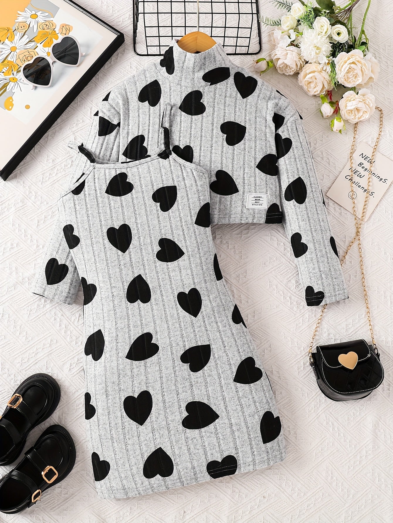 Girls Autumn Winter Heart Print High Neck Top Layered Dress