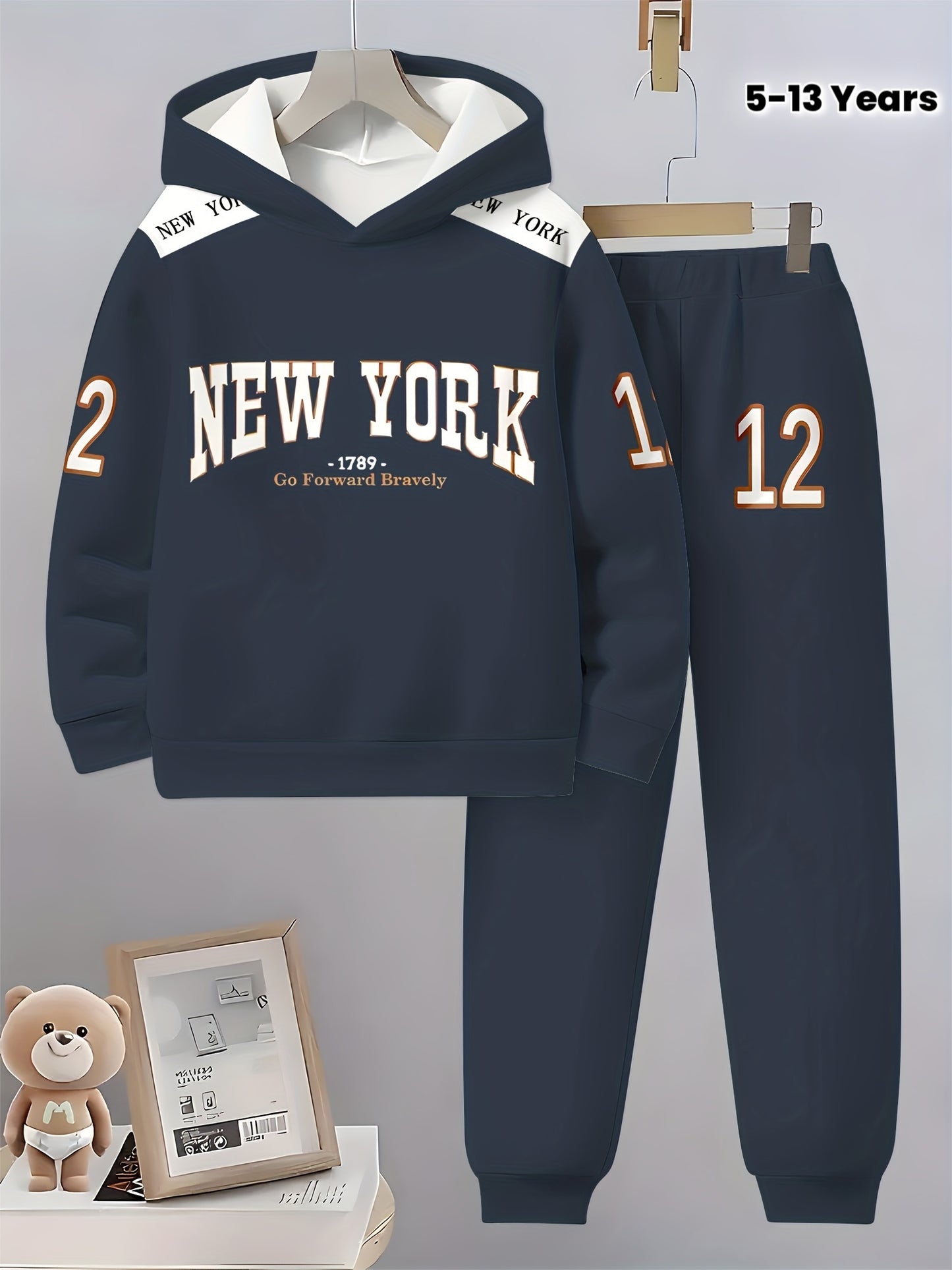 New York Element Print Boys Hoodie Set For Outdoor Activities